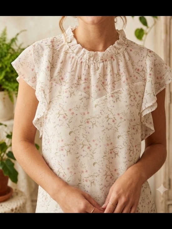 Monteau Tops - Last Chance Monteau Cream Floral Ruffle-Sleeve Blouse (Sz S) Garden Feminine